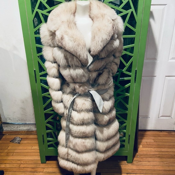 Lintons Pittsburgh Vintage Leather & Arctic Fox Fur Coat w/ Waist Tie - Picture 8 of 9